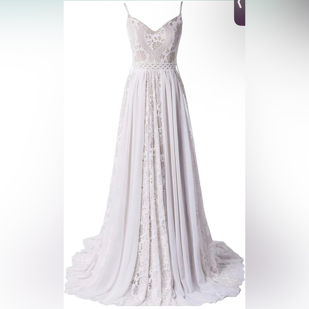 Bohemian Wedding Dress Spaghetti Strap w/ Adjustable Drawstring Lace Bridal Gown - Picture 5 of 7